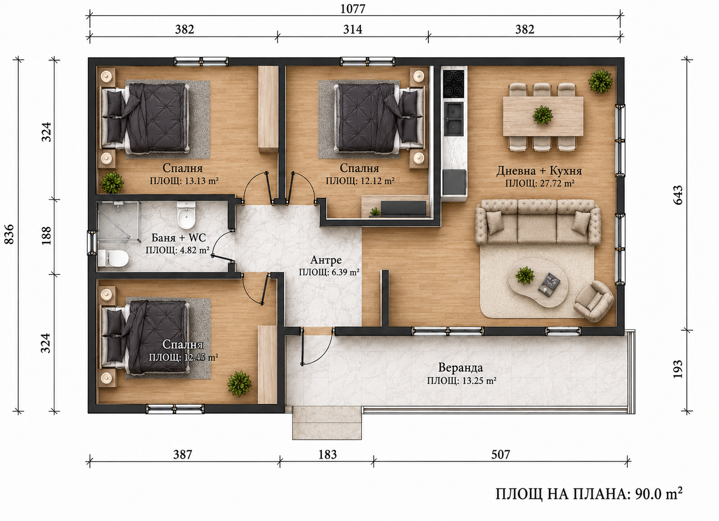 План на етажа — 90.0 м²